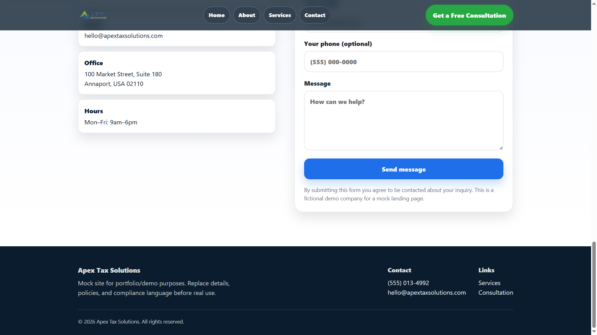 Apex Tax Solutions contact form and footer section